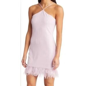 SAYLOR Ainsley Ostrich Feather Trim High Neck Mini Dress In Purple Lavender Sz S